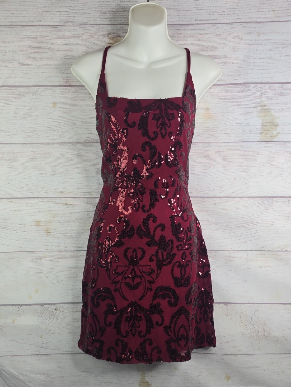 Women Teen Burgundy Wine Body-Con Sequin Slip Dress Sz L NwT